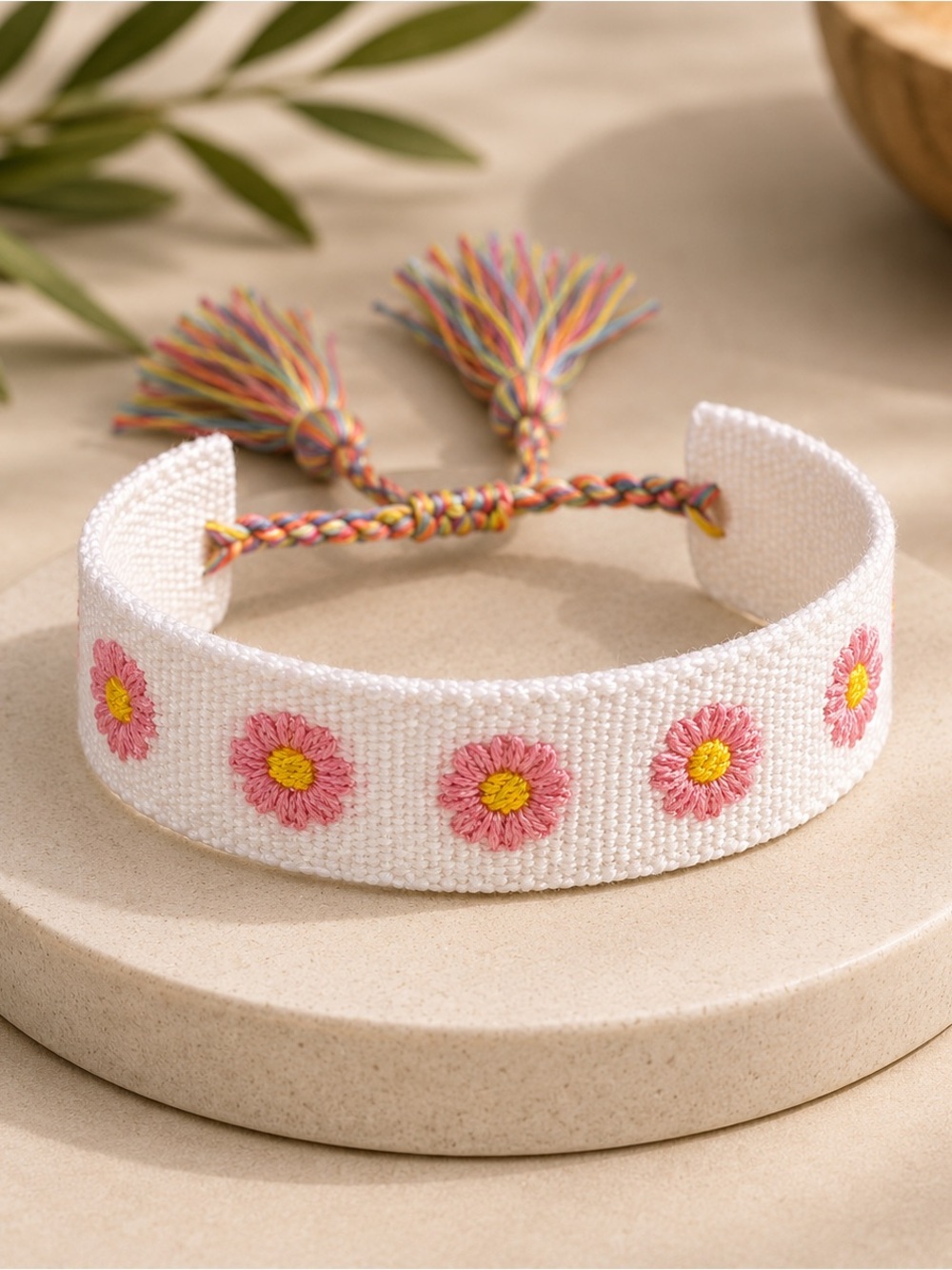 Modern Boho White DAISY Embroidered Wrap Friendship Bracelet